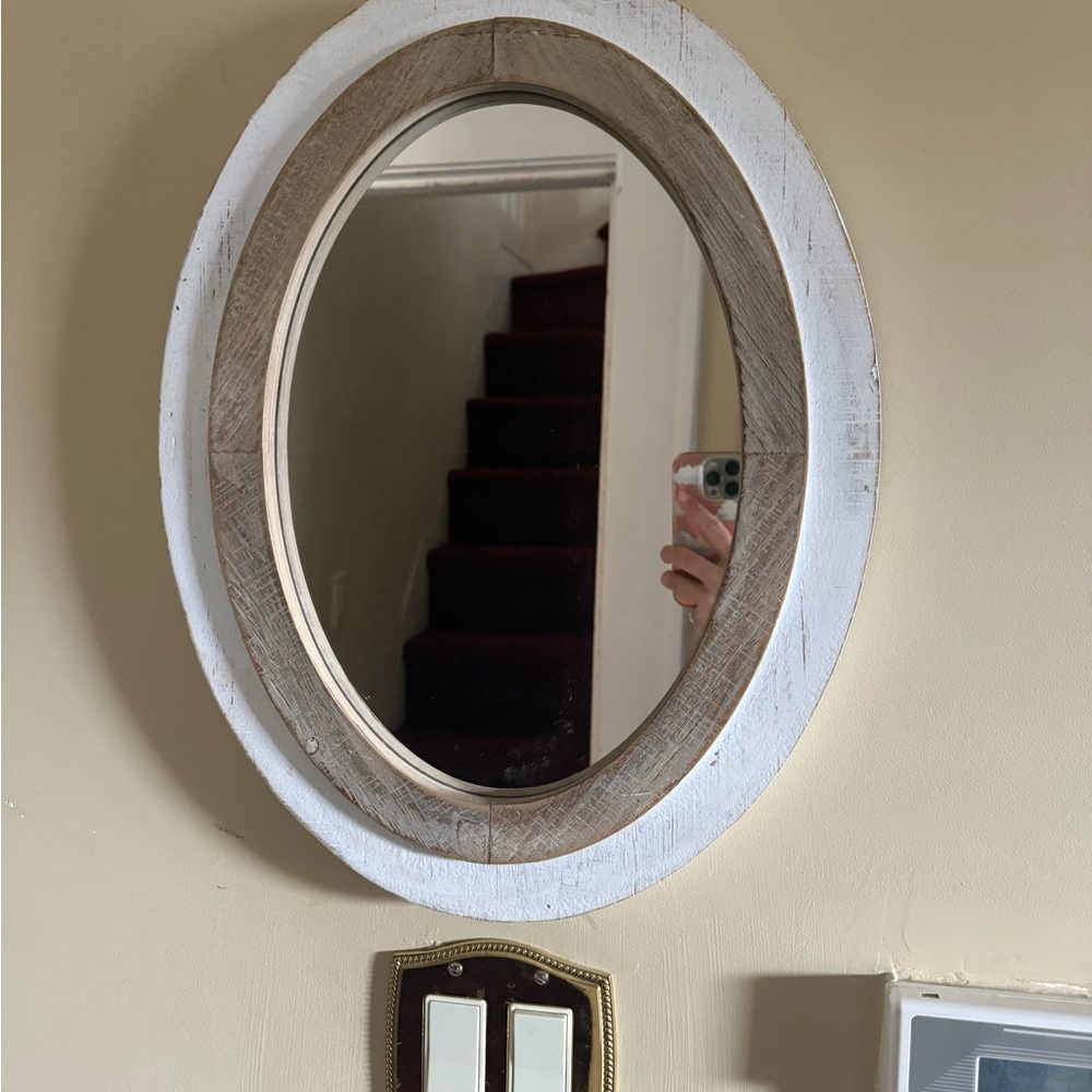 Chic White and Brown Oval Wall Mirror